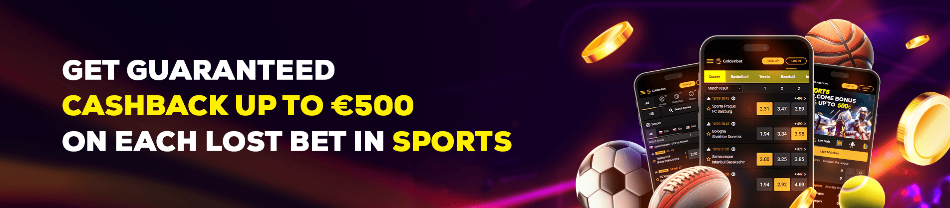 Goldenbet Casino sports United Kingdom betting promo offering cashback up to €500 on lost bets