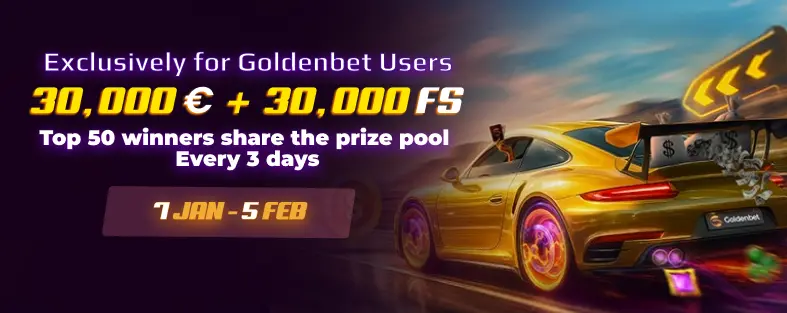 €30,000 promo Goldenbet Casino United Kingdom with free spins and luxury racing car banner event web 